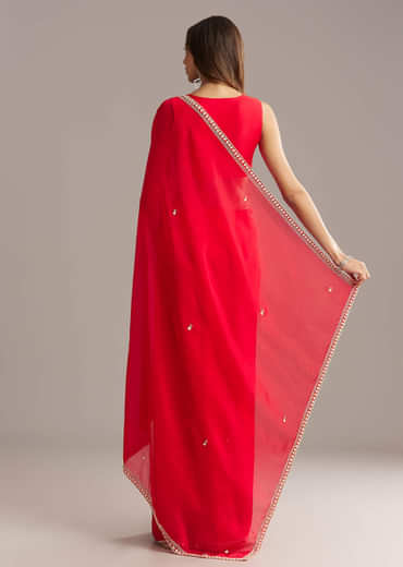 Red Silk Saree With Stone And Cutdana Embroidery