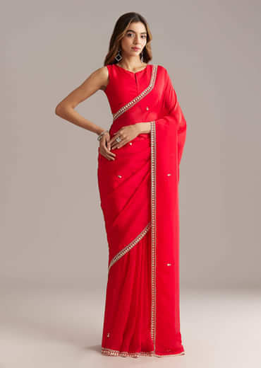 Red Silk Saree With Stone And Cutdana Embroidery