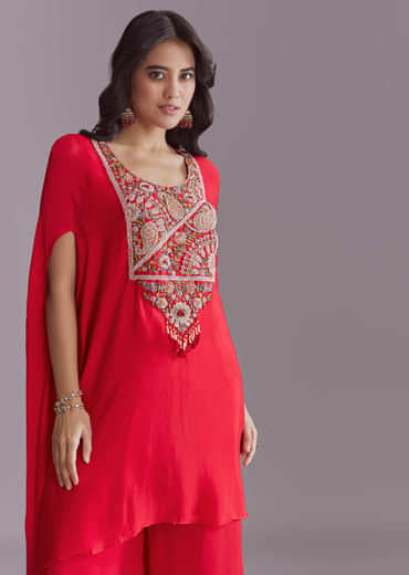 Red Silk Sharara Suit With Resham Work And Cape Dupatta