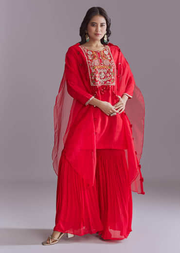 Red Silk Sharara Suit With Resham Work And Cape Dupatta