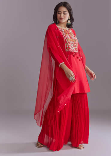 Red Silk Sharara Suit With Resham Work And Cape Dupatta
