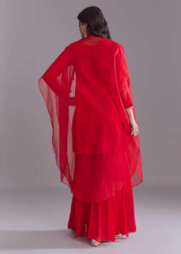 Red Silk Sharara Suit With Resham Work And Cape Dupatta