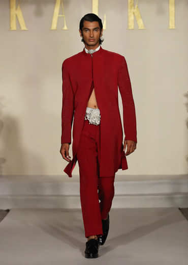 Red Silk Sherwani For Groom With Bead And Zardosi Embroidery