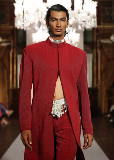 Red Silk Sherwani For Groom With Bead And Zardosi Embroidery
