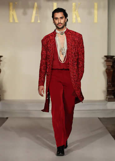 Red Silk Sherwani For Groom With Cutwork And Beads Embroidery