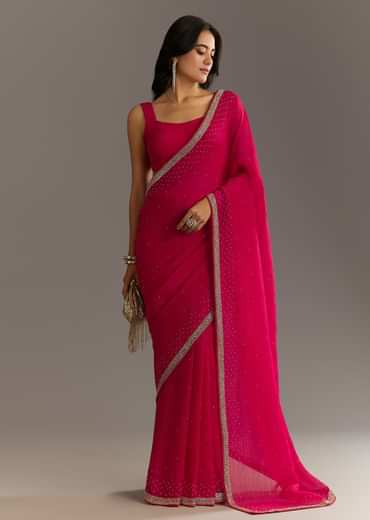 Red Stone Embellished Crushed Tissue Saree With Cutdana Embroidered Border