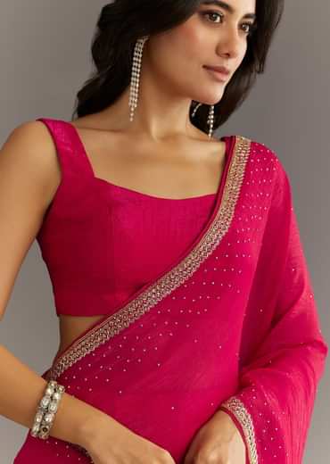 Red Stone Embellished Crushed Tissue Saree With Cutdana Embroidered Border