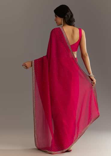 Red Stone Embellished Crushed Tissue Saree With Cutdana Embroidered Border
