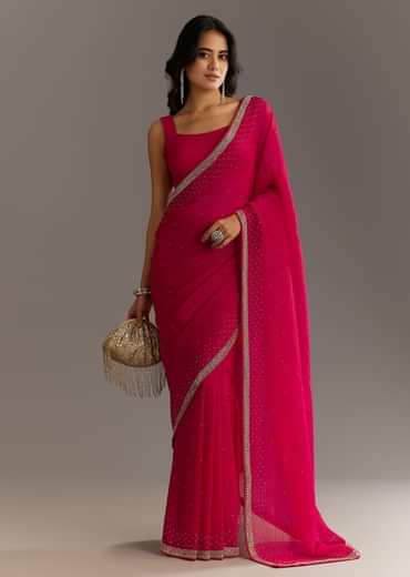 Red Stone Embellished Crushed Tissue Saree With Cutdana Embroidered Border