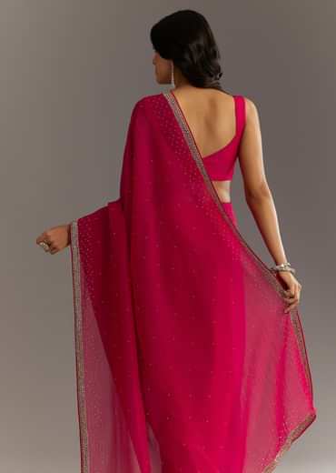 Red Stone Embellished Crushed Tissue Saree With Cutdana Embroidered Border