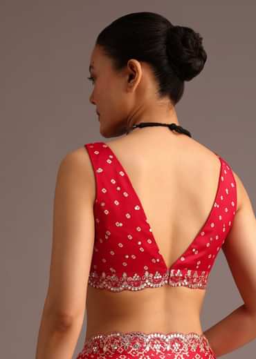 Red Traditional Ajrakh Print Satin Saree With Embellished Scallop Border And Unstitched Blouse