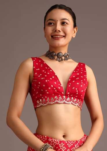 Red Traditional Ajrakh Print Satin Saree With Embellished Scallop Border And Unstitched Blouse