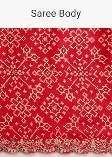 Red Traditional Ajrakh Print Satin Saree With Embellished Scallop Border And Unstitched Blouse
