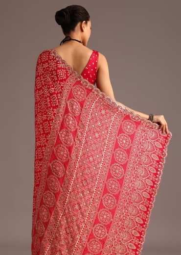 Red Traditional Ajrakh Print Satin Saree With Embellished Scallop Border And Unstitched Blouse