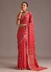 Red Traditional Ajrakh Print Satin Saree With Embellished Scallop Border And Unstitched Blouse