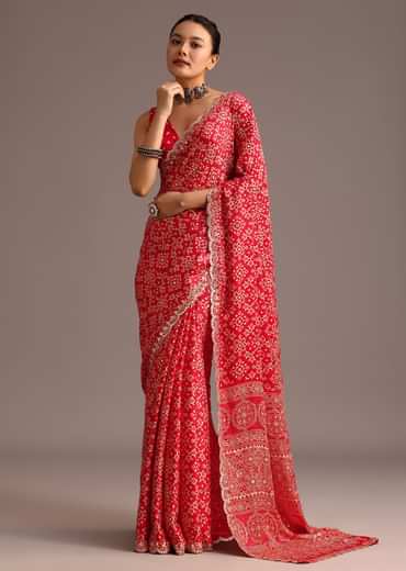 Red Traditional Ajrakh Print Satin Saree With Embellished Scallop Border And Unstitched Blouse
