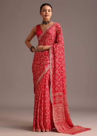 Red Traditional Ajrakh Print Satin Saree With Embellished Scallop Border And Unstitched Blouse