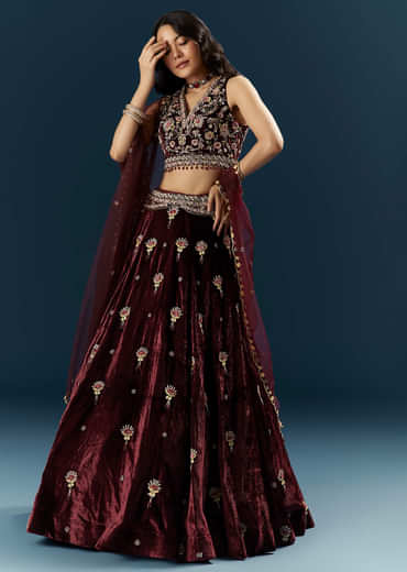 Red Velvet Bridal Lehenga With Cutdana And Beads Embroidery