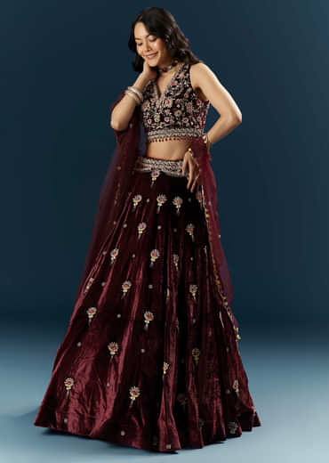 Red Velvet Bridal Lehenga With Cutdana And Beads Embroidery