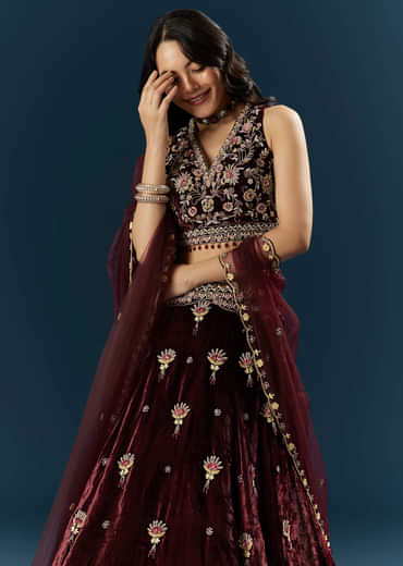 Red Velvet Bridal Lehenga With Cutdana And Beads Embroidery