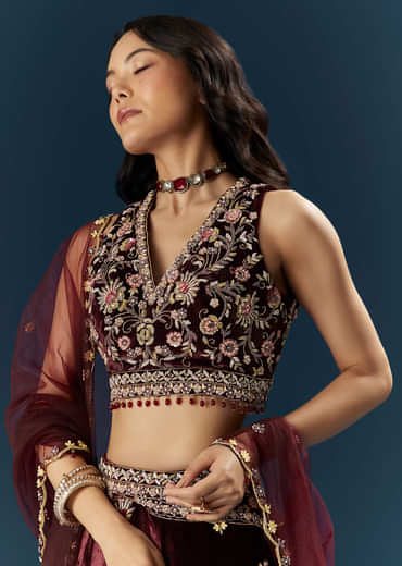 Red Velvet Bridal Lehenga With Cutdana And Beads Embroidery