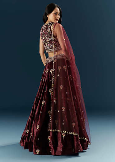 Red Velvet Bridal Lehenga With Cutdana And Beads Embroidery