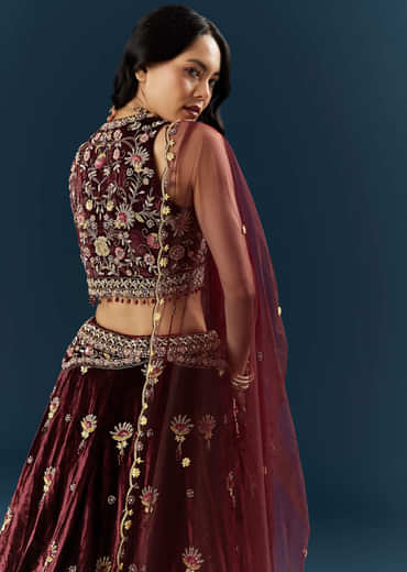 Red Velvet Bridal Lehenga With Cutdana And Beads Embroidery