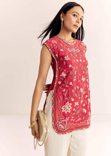 Red Viscose Raw Silk Short Kurta Set With Chinon Kali Palazzo