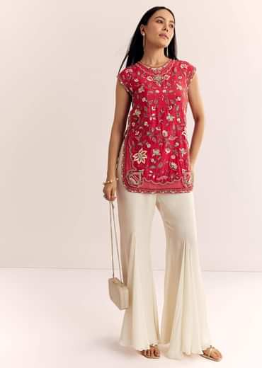 Red Viscose Raw Silk Short Kurta Set With Chinon Kali Palazzo