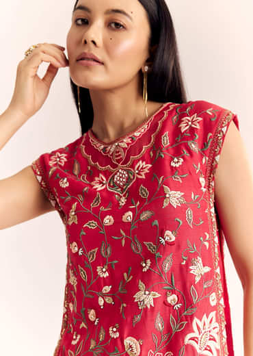 Red Viscose Raw Silk Short Kurta Set With Chinon Kali Palazzo