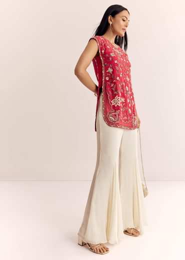 Red Viscose Raw Silk Short Kurta Set With Chinon Kali Palazzo