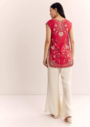 Red Viscose Raw Silk Short Kurta Set With Chinon Kali Palazzo