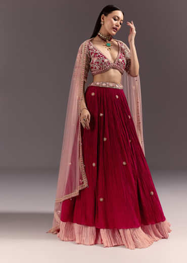 Red Zardosi Embroidered Lehenga Set With Tassel Blouse