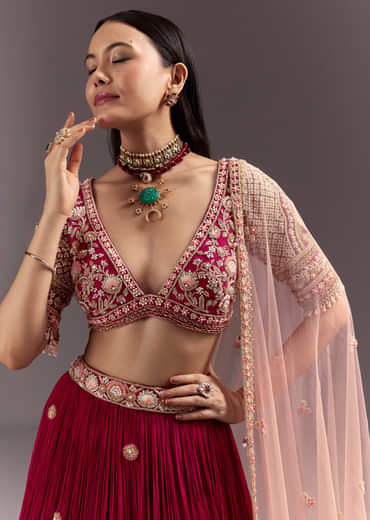 Red Zardosi Embroidered Lehenga Set With Tassel Blouse