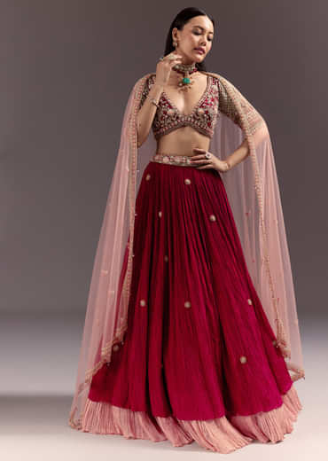 Red Zardosi Embroidered Lehenga Set With Tassel Blouse