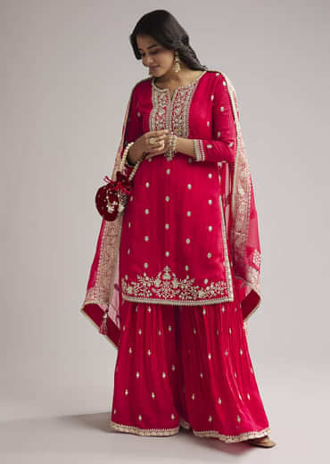Pink Zari Palazzo Suit Set With Dupatta