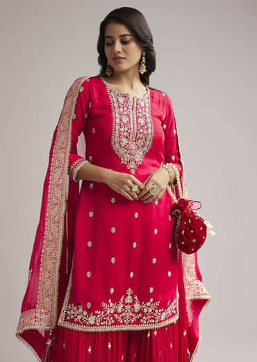 Pink Zari Palazzo Suit Set With Dupatta
