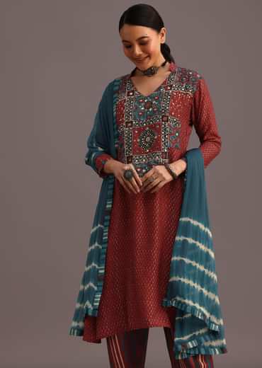 Red Ajrakh Printed Kurta Set With Leheriya Dupatta
