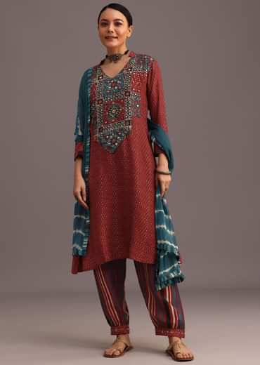 Red Ajrakh Printed Kurta Set With Leheriya Dupatta