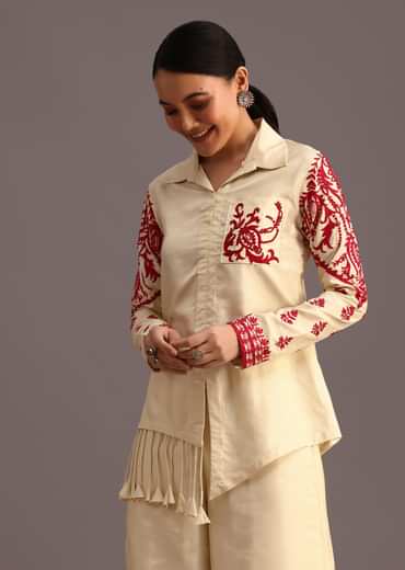 Red And Beige Thread Work Co-ord Set