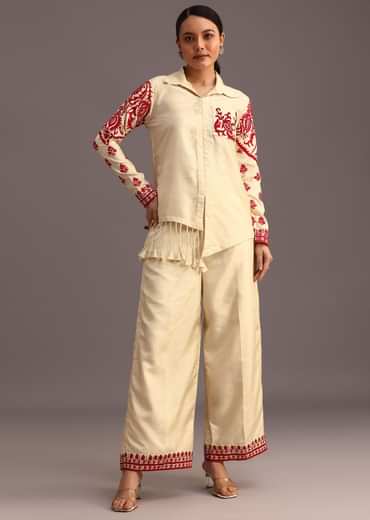 Red And Beige Thread Work Co-ord Set