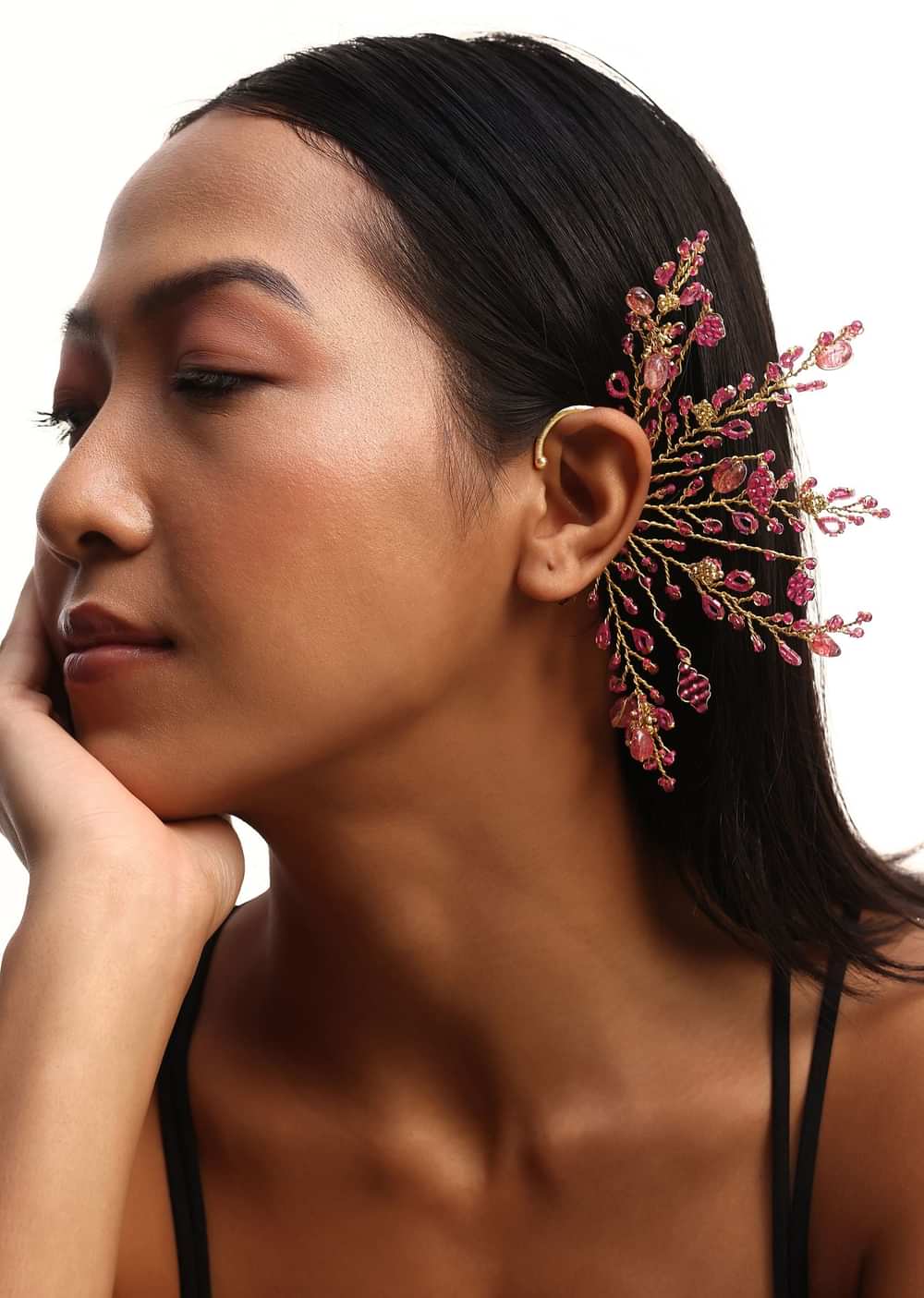 Red And Gold Handcrafted Earcuff In Mix Metal