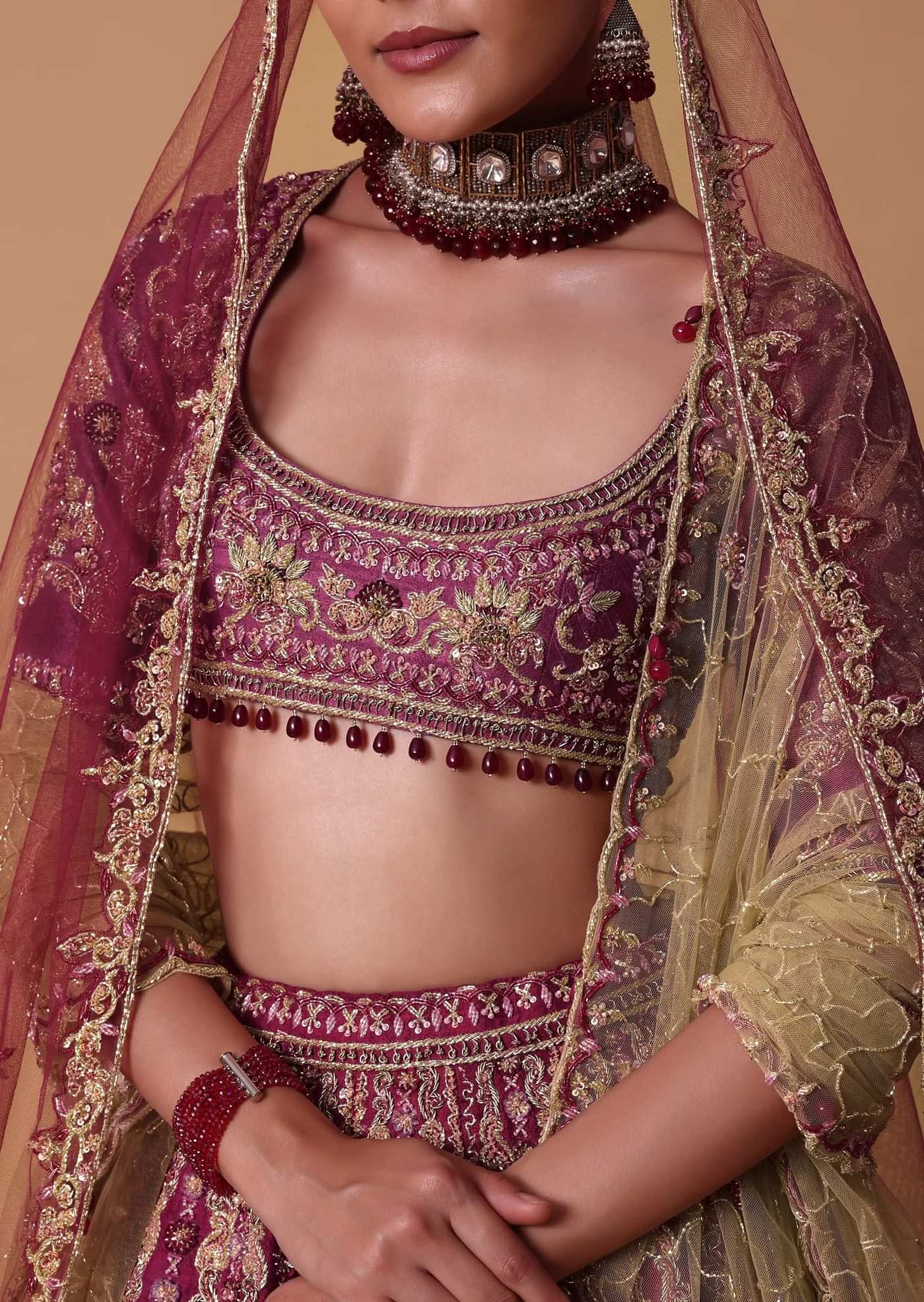 Red Raw Silk Lehenga Set With Cutout Back Velvet Blouse