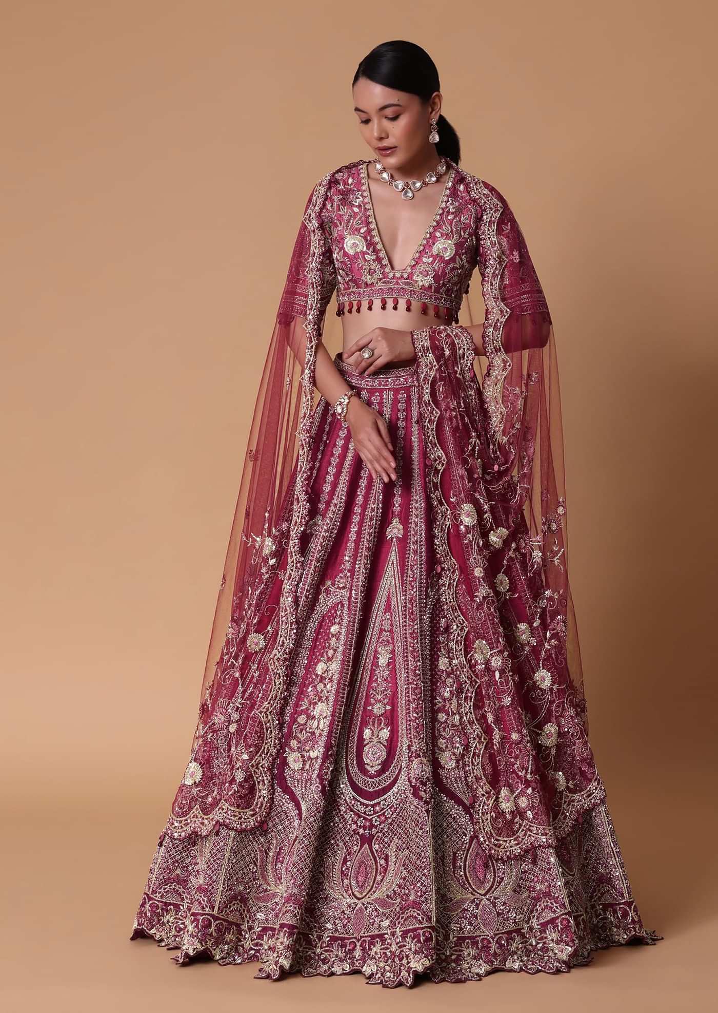 Red Raw Silk Cutdana Lehenga Set With Trail Dupatta