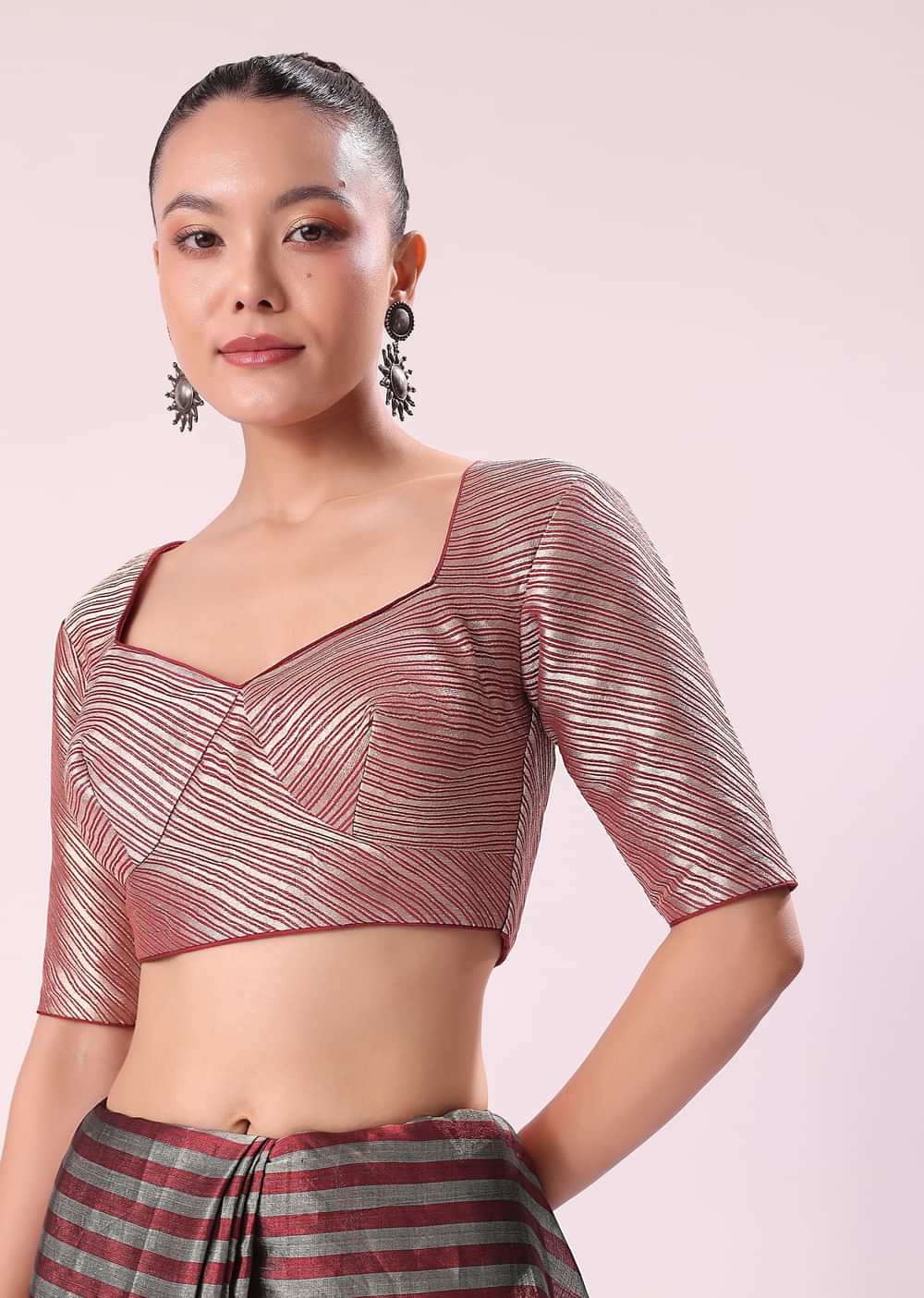 Red And Silver Striped Chanderi Tissue Saree With Pipe Finish Stitched Blouse