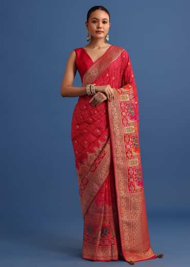 Red Banarasi Bandhani Satin Saree With Traditional Brocade Motifs On Border