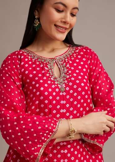 Red Bandhani High Low Kurta Set With Dhoti