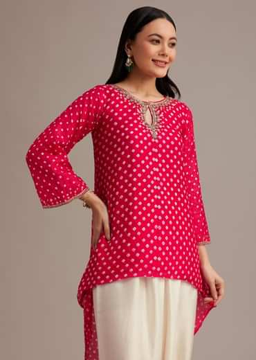 Red Bandhani High Low Kurta Set With Dhoti