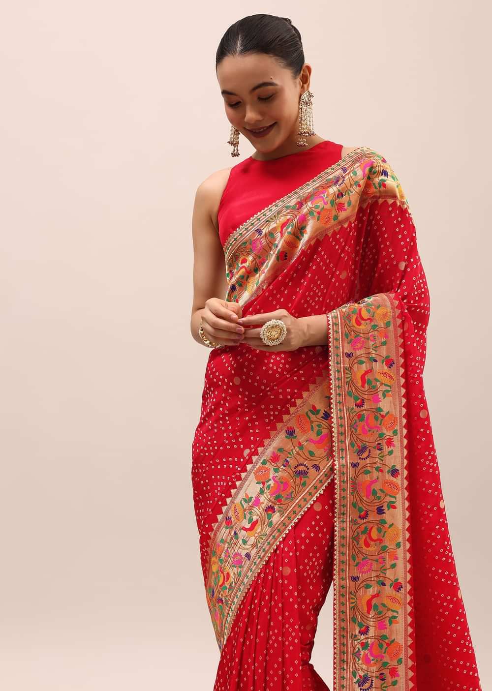 Red Bandhani Silk Saree With Unstitched Blouse