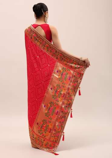 Red Bandhani Silk Saree With Unstitched Blouse